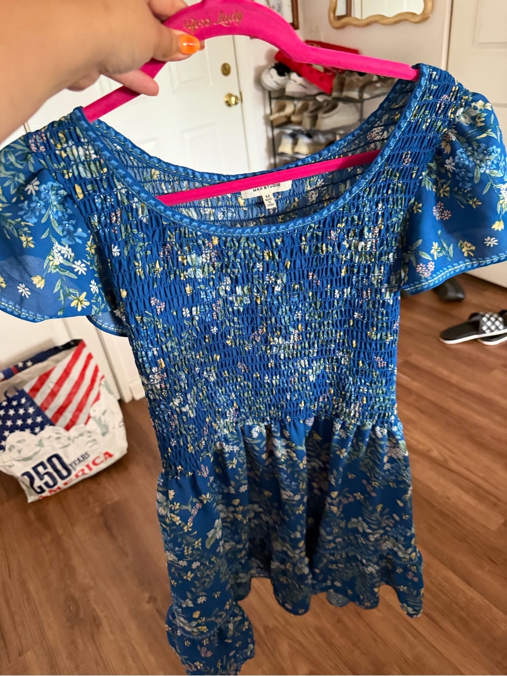 Max Studio Blue Floral Puff Sleeve Smocked Dress Medium